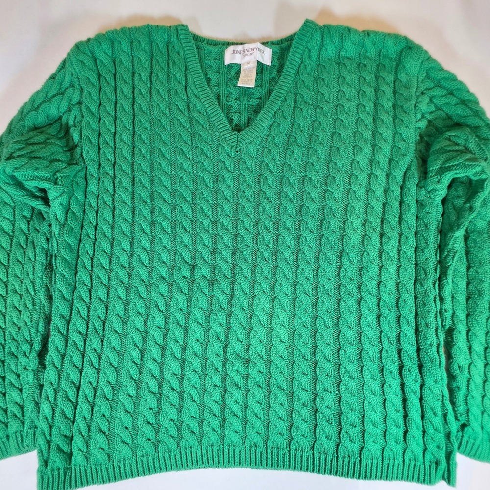 JNY Womens M Kelly Green Heavy Cable Knit V Neck Cotton Fisherman Sweater Preppy